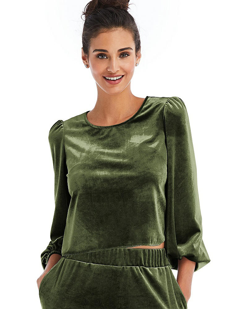 Front View - Olive Green Velvet Pullover Puff Sleeve Top - Rue