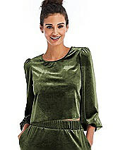 Front View Thumbnail - Olive Green Velvet Pullover Puff Sleeve Top - Rue