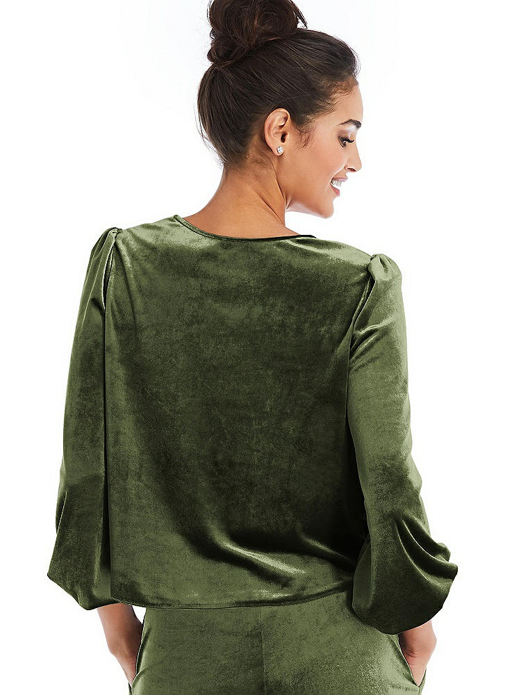 Back View - Olive Green Velvet Pullover Puff Sleeve Top - Rue