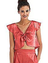 Front View Thumbnail - Perfect Coral Satin Tie-Front Lounge Crop Top - Frankie