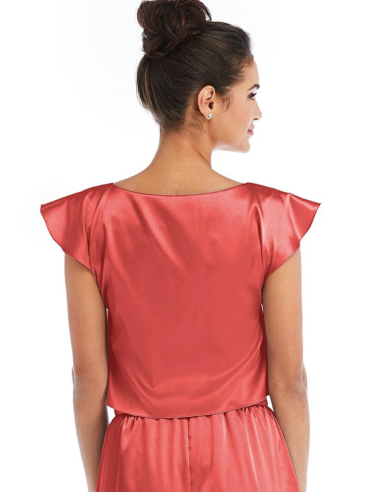 Back View - Perfect Coral Satin Tie-Front Lounge Crop Top - Frankie