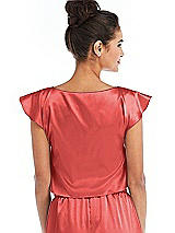 Rear View Thumbnail - Perfect Coral Satin Tie-Front Lounge Crop Top - Frankie