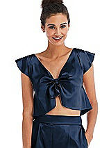 Front View Thumbnail - Midnight Navy Satin Tie-Front Lounge Crop Top - Frankie