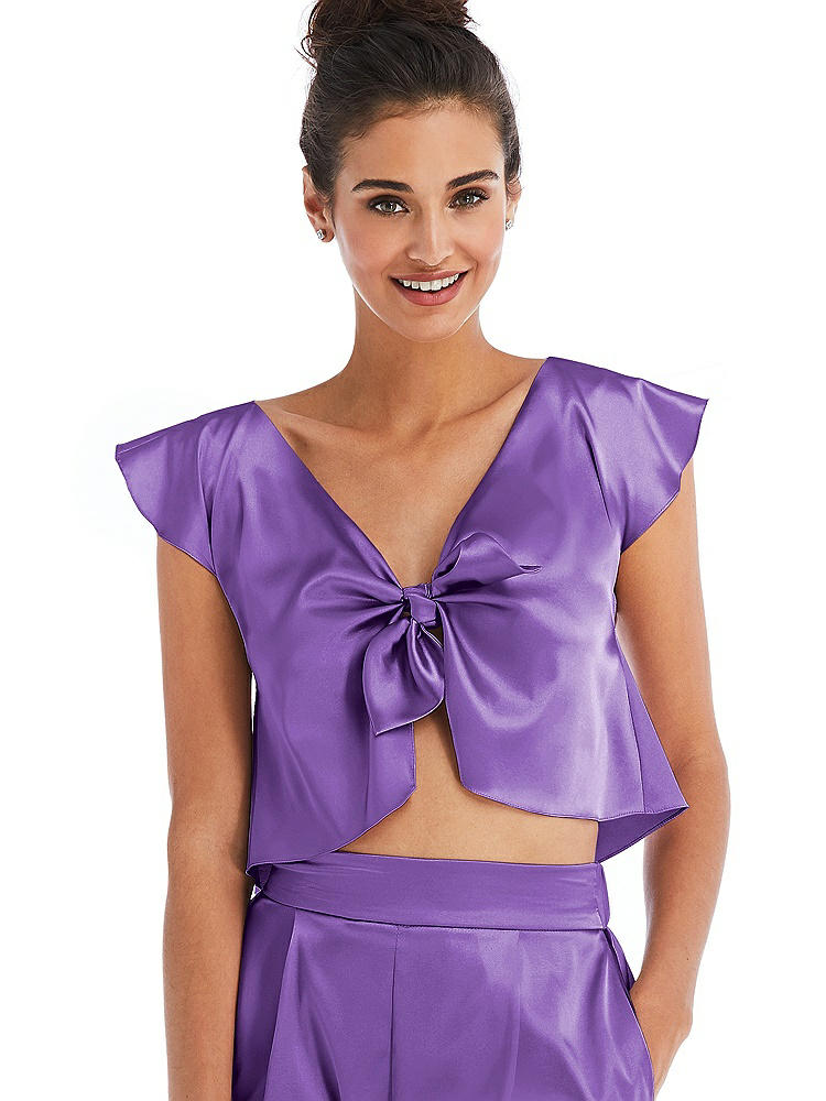 Front View - Pansy Satin Tie-Front Lounge Crop Top - Frankie