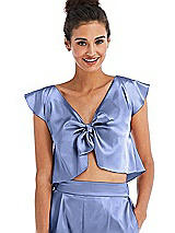 Front View Thumbnail - Periwinkle - PANTONE Serenity Satin Tie-Front Lounge Crop Top - Frankie