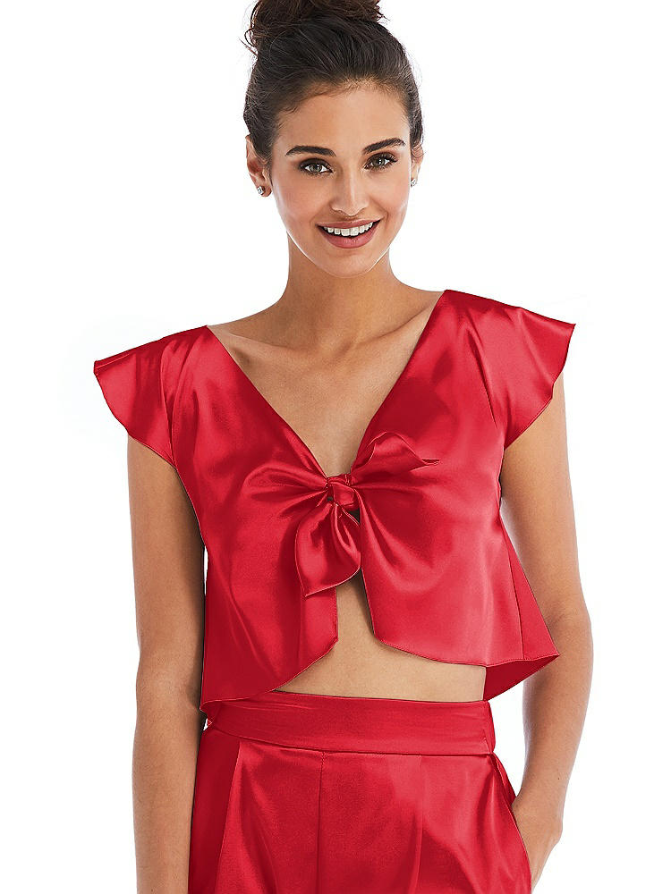 Front View - Parisian Red Satin Tie-Front Lounge Crop Top - Frankie