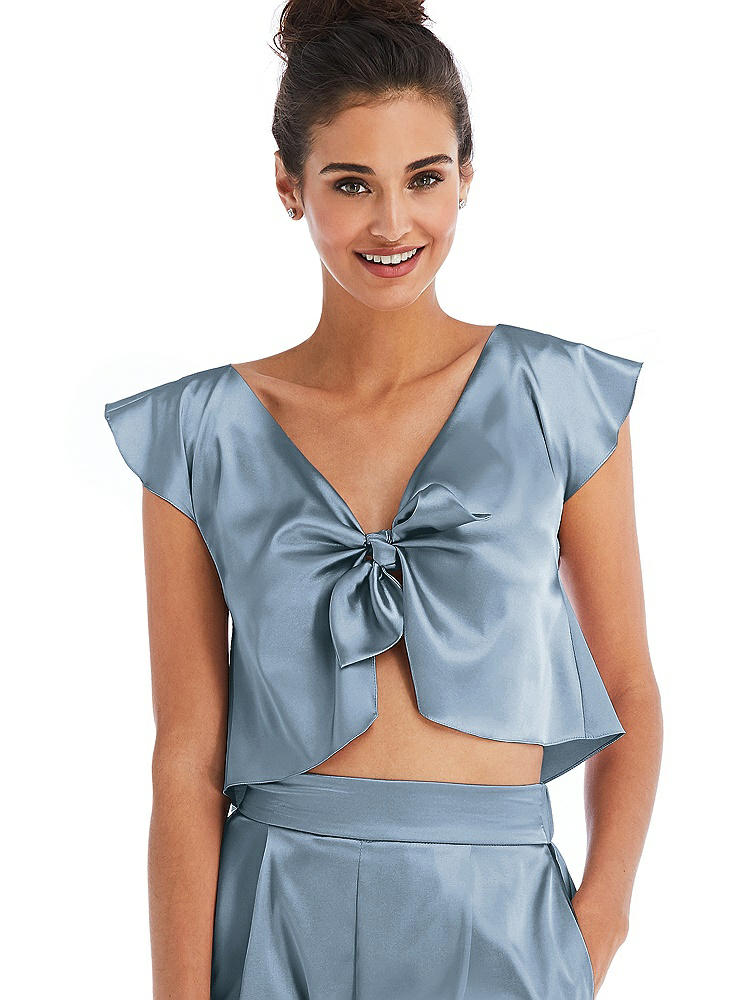Front View - Slate Satin Tie-Front Lounge Crop Top - Frankie