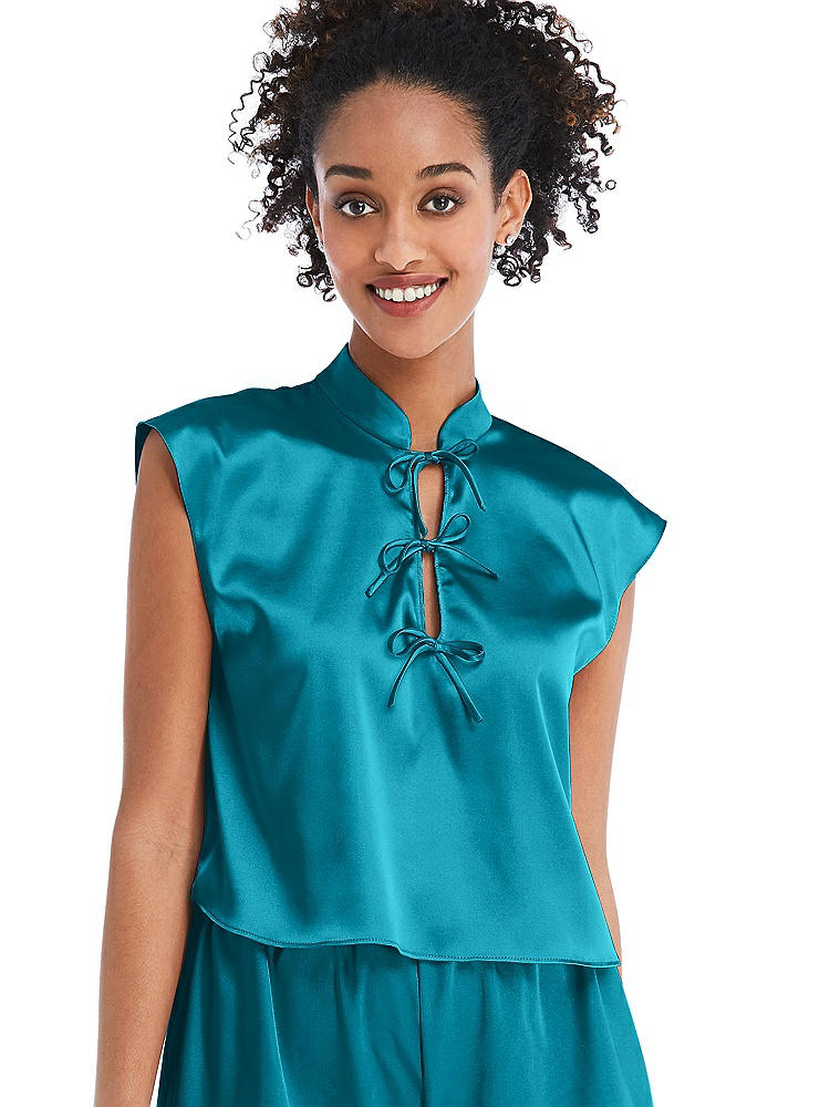 Front View - Oasis Satin Stand Collar Tie-Front Pullover Top - Remi