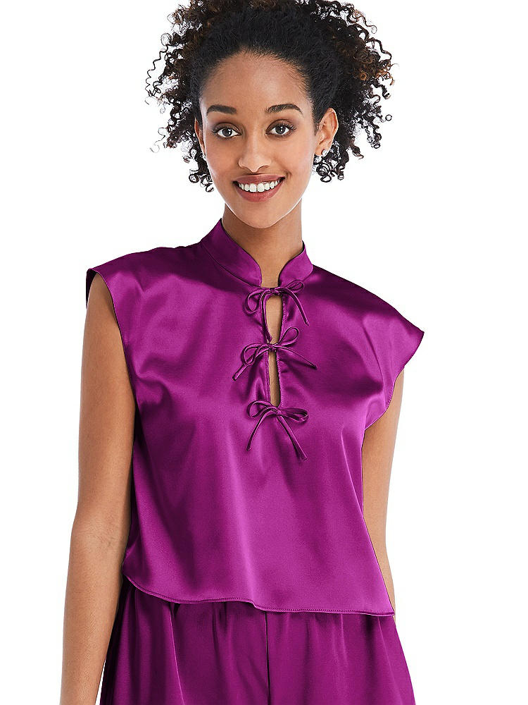 Front View - Persian Plum Satin Stand Collar Tie-Front Pullover Top - Remi