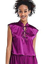 Front View Thumbnail - Persian Plum Satin Stand Collar Tie-Front Pullover Top - Remi