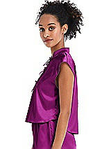 Side View Thumbnail - Persian Plum Satin Stand Collar Tie-Front Pullover Top - Remi