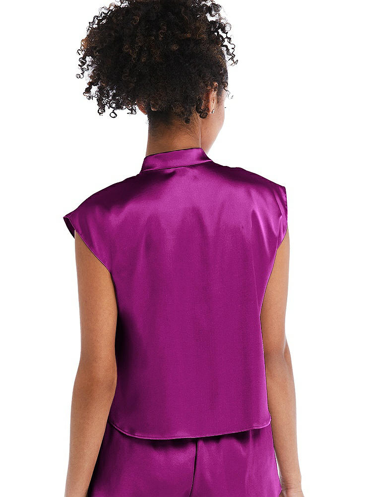 Back View - Persian Plum Satin Stand Collar Tie-Front Pullover Top - Remi