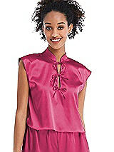 Front View Thumbnail - Shocking Satin Stand Collar Tie-Front Pullover Top - Remi