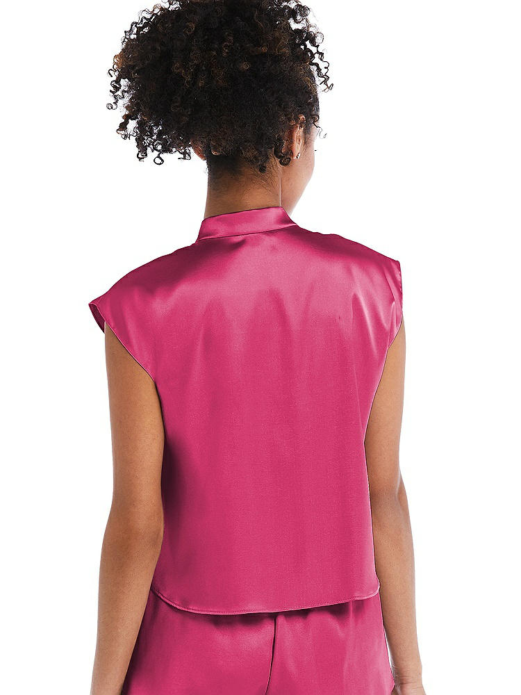Back View - Shocking Satin Stand Collar Tie-Front Pullover Top - Remi