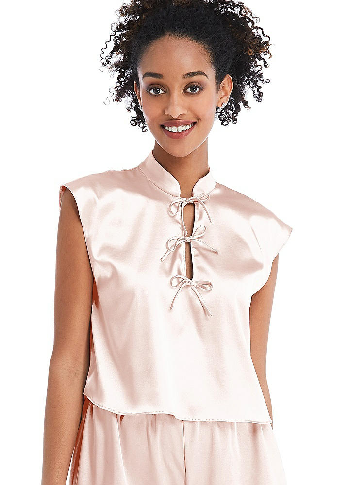 Front View - Blush Satin Stand Collar Tie-Front Pullover Top - Remi