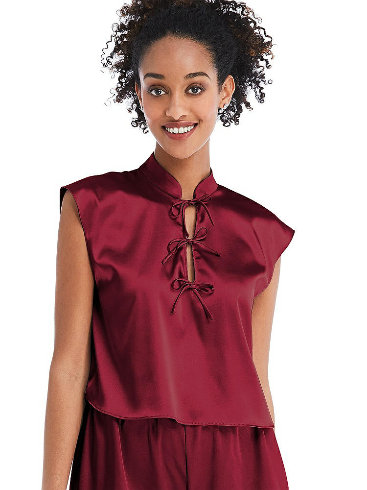 Front View - Burgundy Satin Stand Collar Tie-Front Pullover Top - Remi
