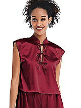 Front View Thumbnail - Burgundy Satin Stand Collar Tie-Front Pullover Top - Remi