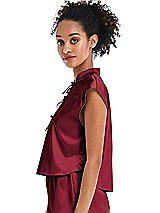 Side View Thumbnail - Burgundy Satin Stand Collar Tie-Front Pullover Top - Remi