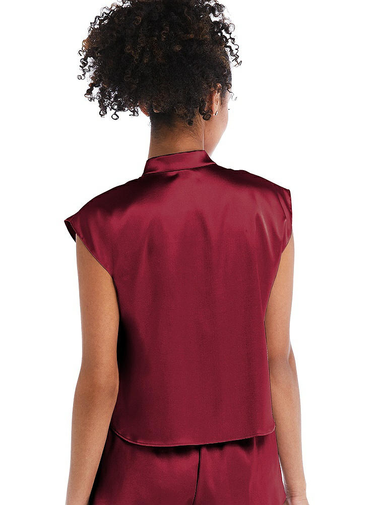 Back View - Burgundy Satin Stand Collar Tie-Front Pullover Top - Remi