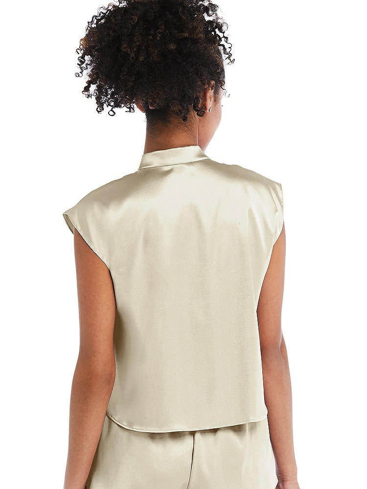 Back View - Champagne Satin Stand Collar Tie-Front Pullover Top - Remi