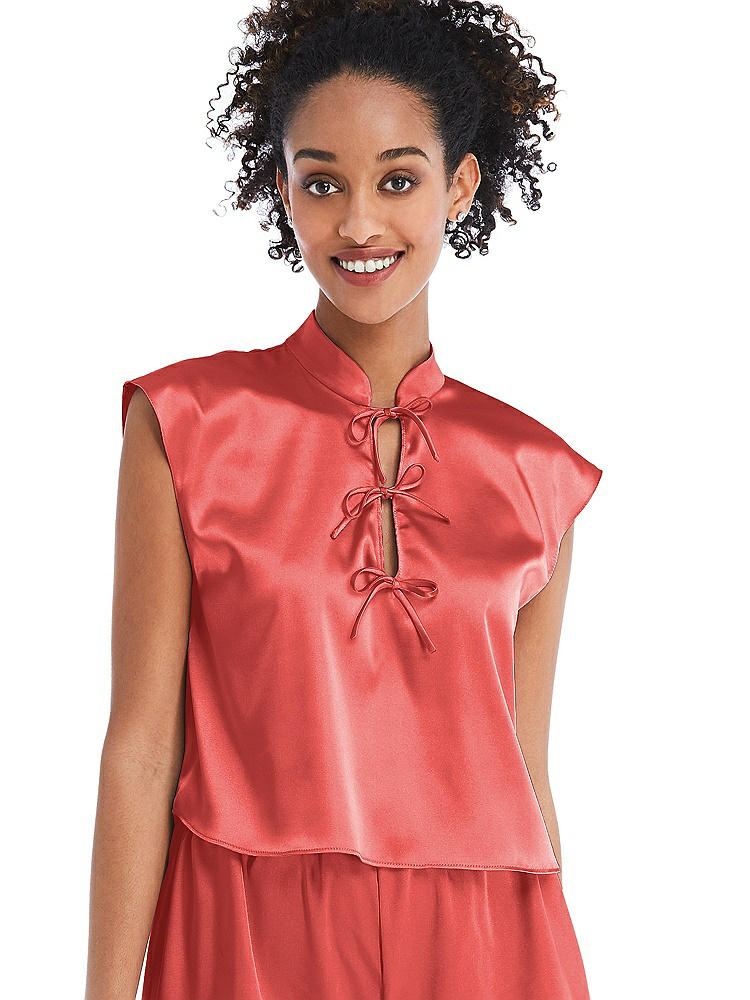 Front View - Perfect Coral Satin Stand Collar Tie-Front Pullover Top - Remi