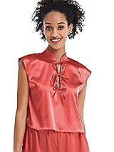 Front View Thumbnail - Perfect Coral Satin Stand Collar Tie-Front Pullover Top - Remi