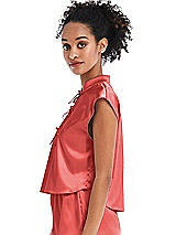 Side View Thumbnail - Perfect Coral Satin Stand Collar Tie-Front Pullover Top - Remi