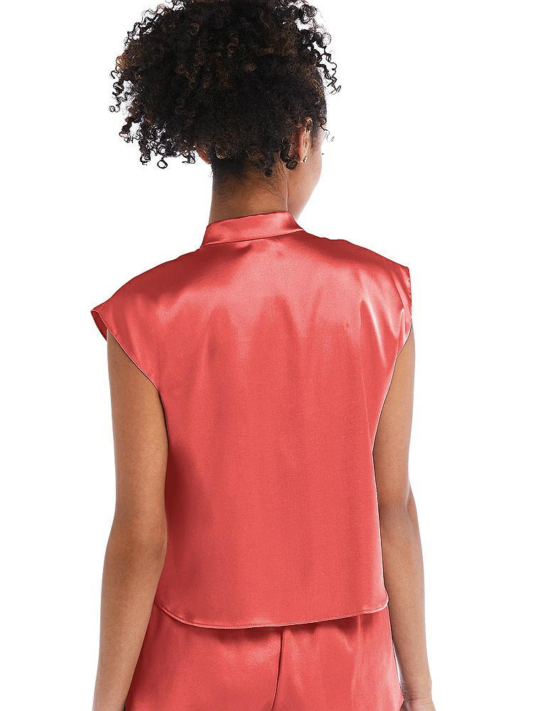 Back View - Perfect Coral Satin Stand Collar Tie-Front Pullover Top - Remi