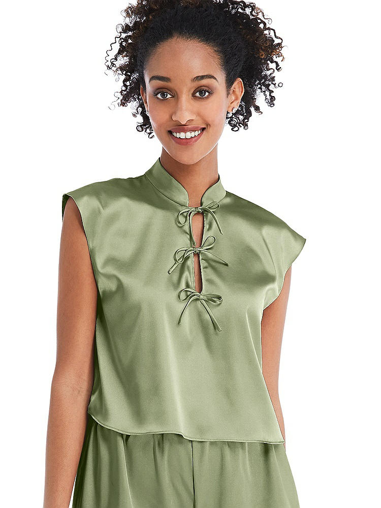Front View - Kiwi Satin Stand Collar Tie-Front Pullover Top - Remi