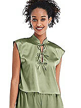 Front View Thumbnail - Kiwi Satin Stand Collar Tie-Front Pullover Top - Remi