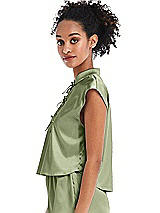 Side View Thumbnail - Kiwi Satin Stand Collar Tie-Front Pullover Top - Remi