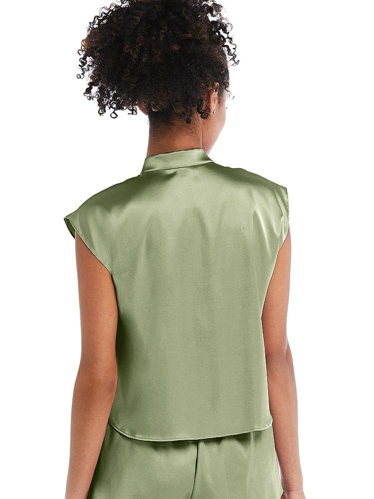 Back View - Kiwi Satin Stand Collar Tie-Front Pullover Top - Remi