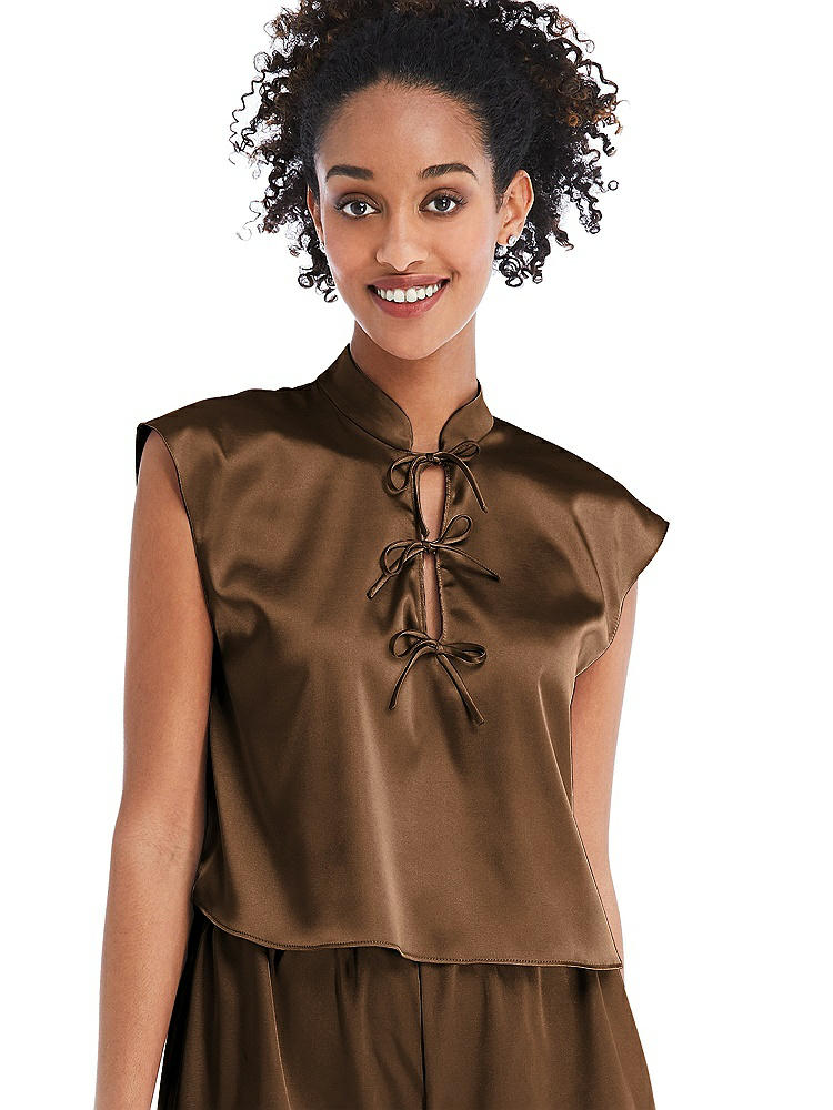 Front View - Latte Satin Stand Collar Tie-Front Pullover Top - Remi