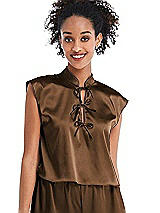 Front View Thumbnail - Latte Satin Stand Collar Tie-Front Pullover Top - Remi