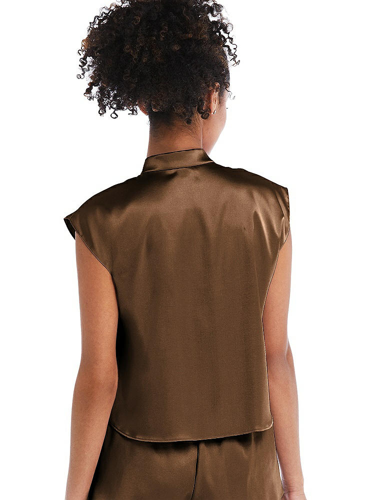 Back View - Latte Satin Stand Collar Tie-Front Pullover Top - Remi