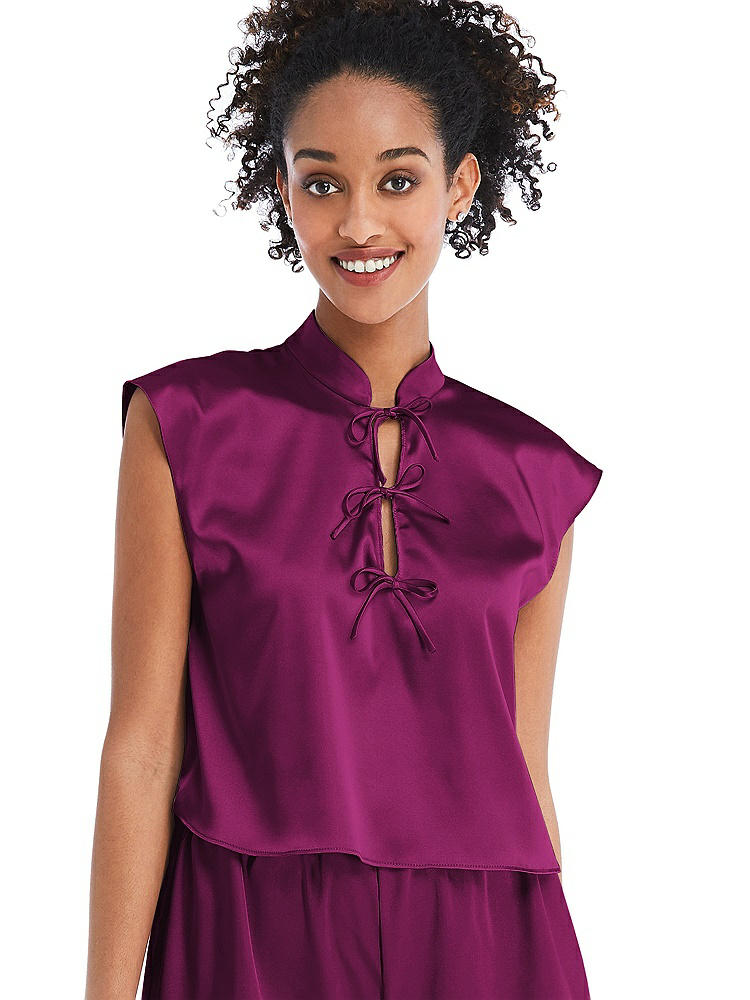 Front View - Merlot Satin Stand Collar Tie-Front Pullover Top - Remi