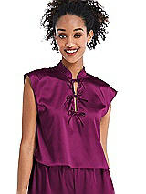 Front View Thumbnail - Merlot Satin Stand Collar Tie-Front Pullover Top - Remi
