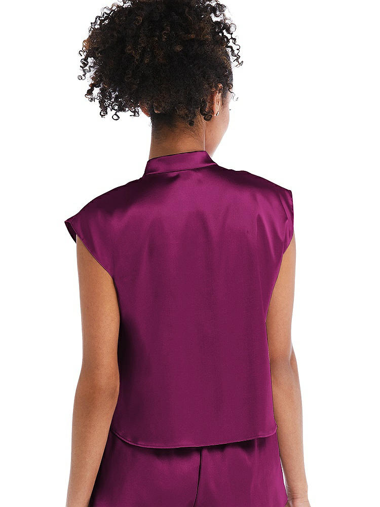Back View - Merlot Satin Stand Collar Tie-Front Pullover Top - Remi