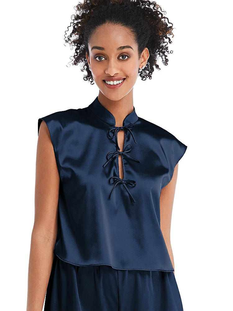 Front View - Midnight Navy Satin Stand Collar Tie-Front Pullover Top - Remi