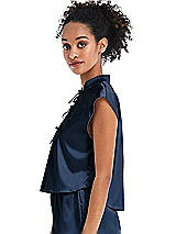 Side View Thumbnail - Midnight Navy Satin Stand Collar Tie-Front Pullover Top - Remi