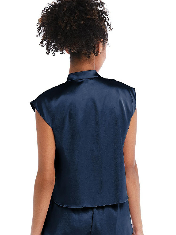 Back View - Midnight Navy Satin Stand Collar Tie-Front Pullover Top - Remi
