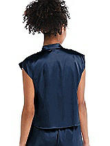 Rear View Thumbnail - Midnight Navy Satin Stand Collar Tie-Front Pullover Top - Remi