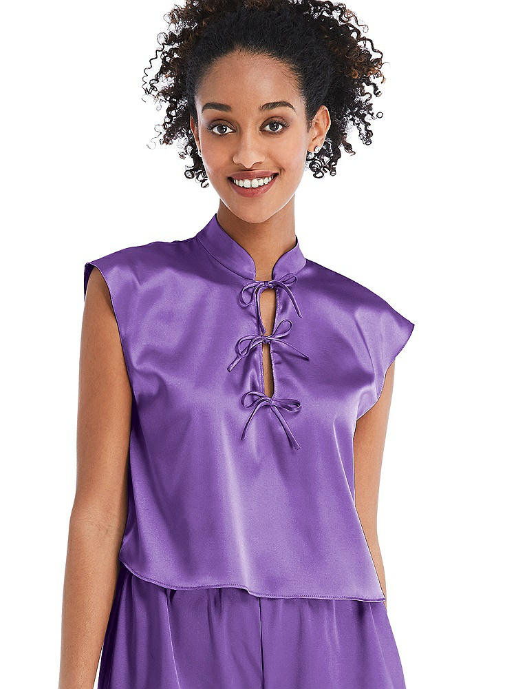 Front View - Pansy Satin Stand Collar Tie-Front Pullover Top - Remi