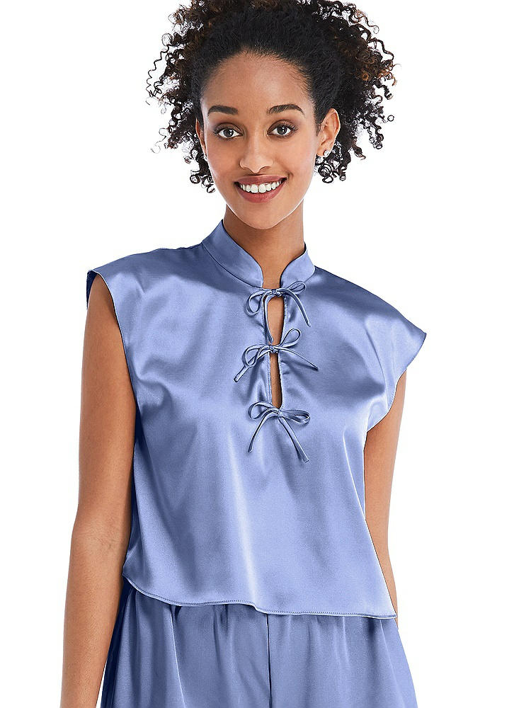 Front View - Periwinkle - PANTONE Serenity Satin Stand Collar Tie-Front Pullover Top - Remi