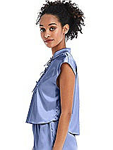 Side View Thumbnail - Periwinkle - PANTONE Serenity Satin Stand Collar Tie-Front Pullover Top - Remi