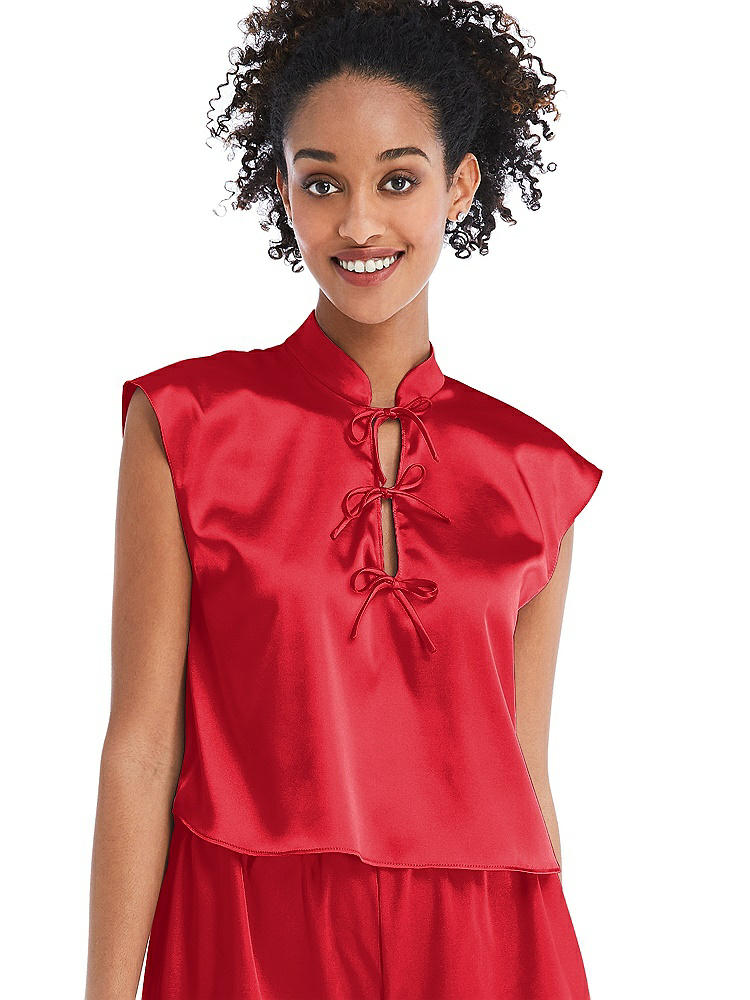 Front View - Parisian Red Satin Stand Collar Tie-Front Pullover Top - Remi