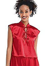 Front View Thumbnail - Parisian Red Satin Stand Collar Tie-Front Pullover Top - Remi