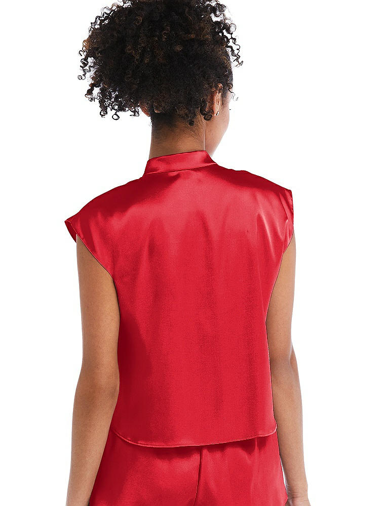 Back View - Parisian Red Satin Stand Collar Tie-Front Pullover Top - Remi