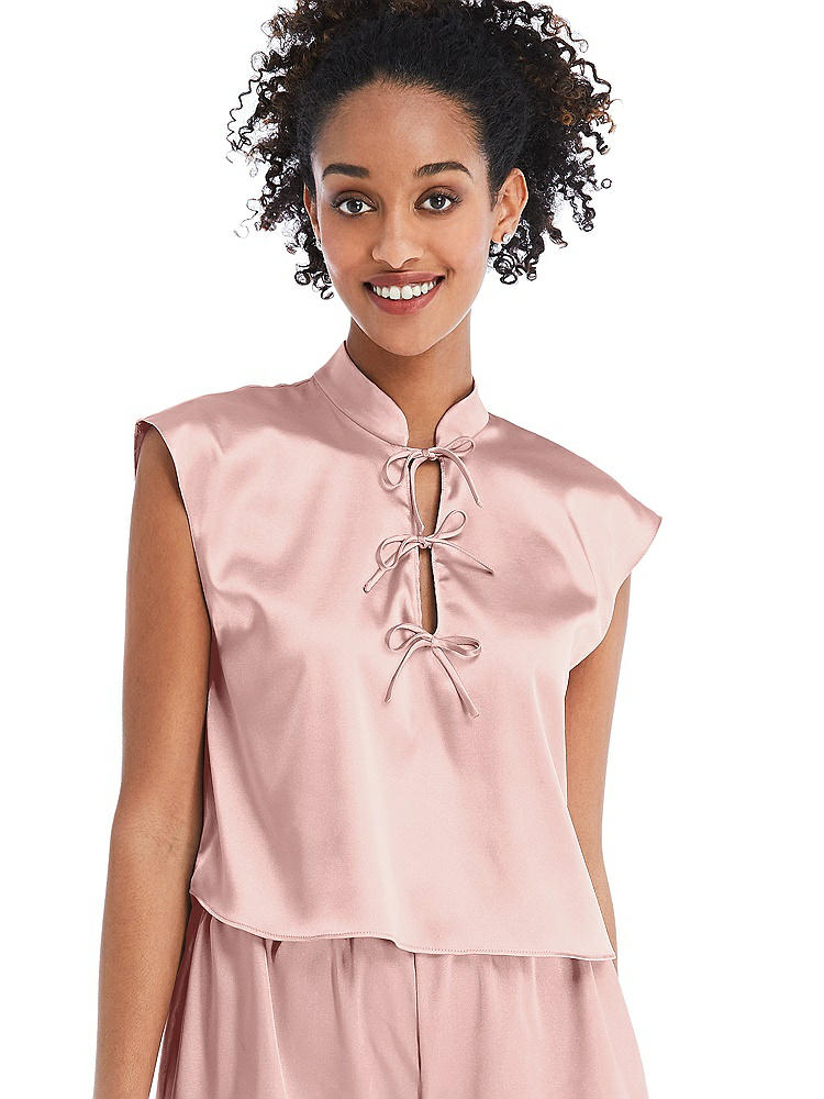 Front View - Rose - PANTONE Rose Quartz Satin Stand Collar Tie-Front Pullover Top - Remi