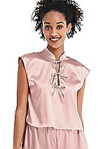 Front View Thumbnail - Rose - PANTONE Rose Quartz Satin Stand Collar Tie-Front Pullover Top - Remi